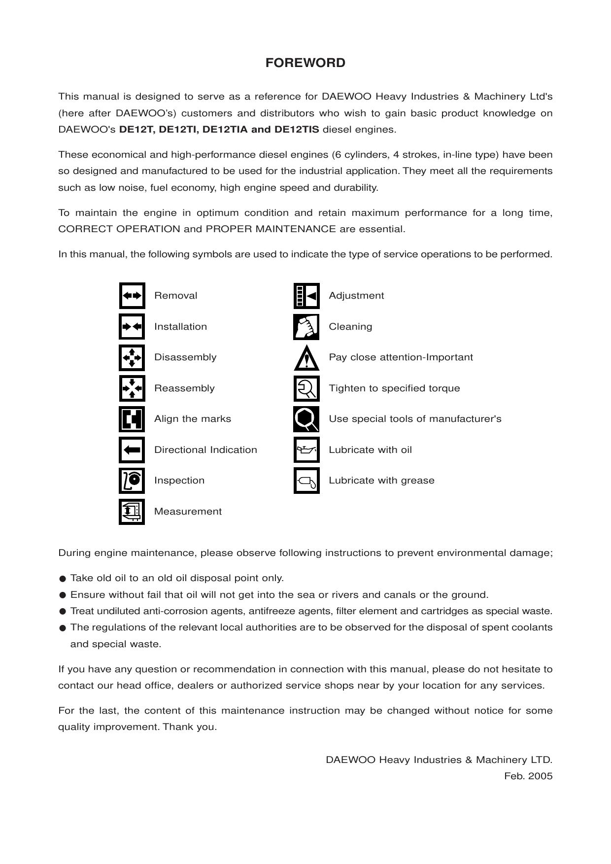 DE12T DE12TI  DE12TIS Engine Service Manual Daewoo Doosan
